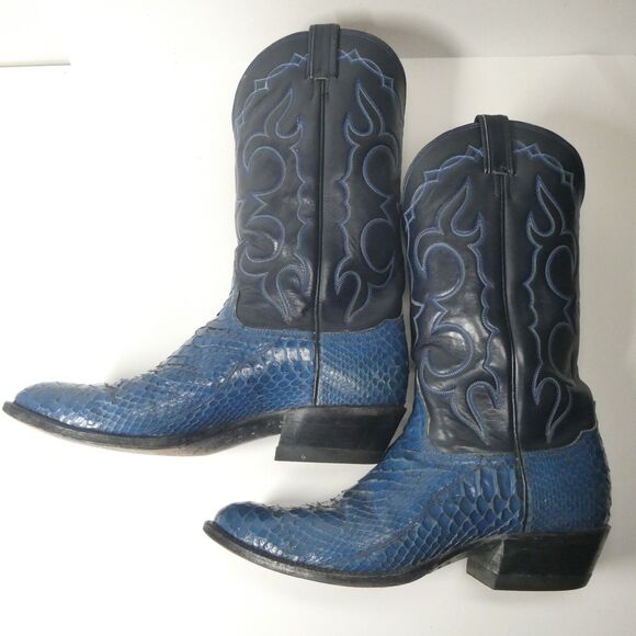 Tony Lama Boots Blue Python Snake Cowboy Western Mens 11 D Snakeskin Embroidered - Picture 6 of 16
